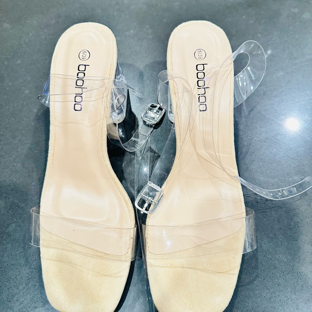 Boohoo Clear Strap Nude Block Heel Sandals – Size 6